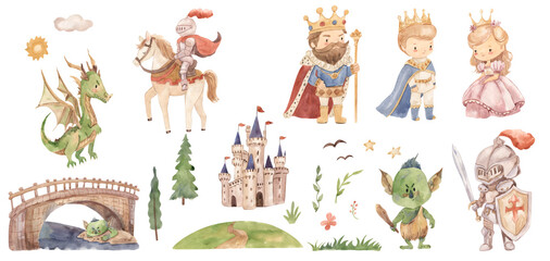 Watercolor  fairy tale, king, princess, knight, castle illustration for kids © Olga Listopad