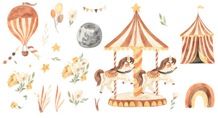 Watercolor circus, carousel, hot air balloon. Rainbow, flowers, moon  illustration for kids