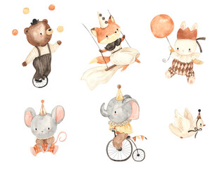 Watercolor circus, bear, fox, hare, mouse, elephant illustration for kids