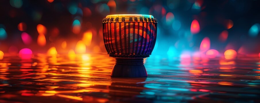 A vibrant drum sits in colorful water, reflecting light in hues of blue, orange, and purple, creating a magical ambient atmosphere.
