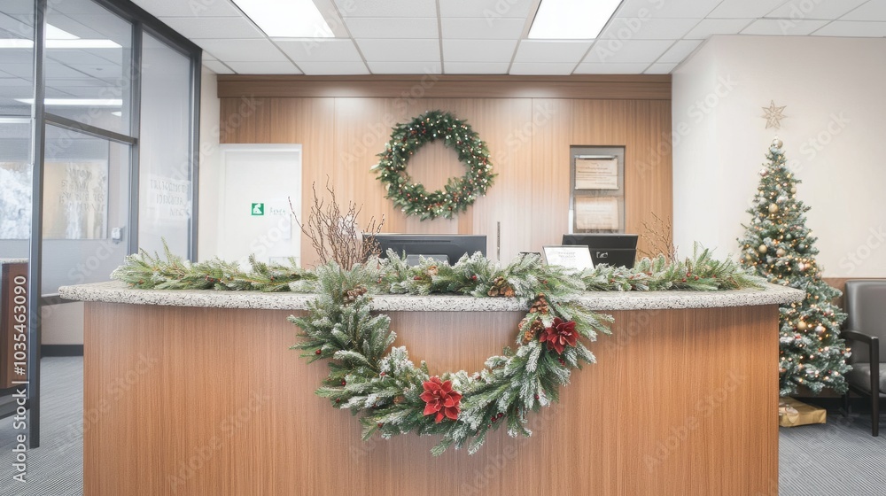Poster a modern wreath and delicate branches enhance the reception desk with festive simplicity.