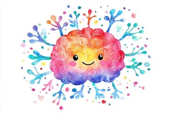 A colorful, cheerful brain illustration with vibrant splashes of color, symbolizing creativity and imagination in a playful style.