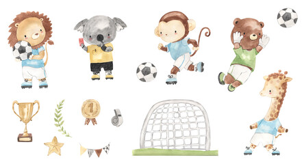 Watercolor football, lion, koala, soccer player, monkey, bear, giraffe illustration for kids