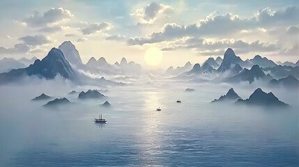 Tranquil mountain seascape at sunrise with boats
