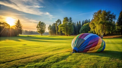 Obraz premium A single balloon is partially deflated and lying on a sun-kissed grassy field with tall trees in the background, fallen, outdoors, earthy