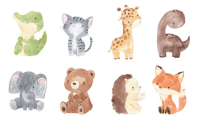 Watercolor alligator, cat, giraffe, dino, elephant, bear, hedgehog, fox illustration for kids