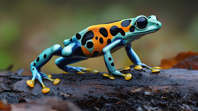 A colorful poison dart frog hopping on a log