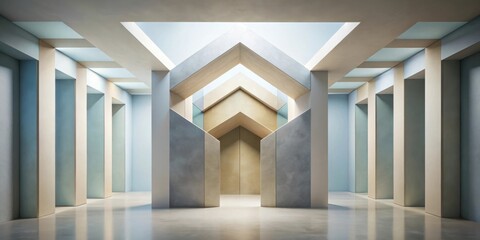 Obraz premium Geometric Minimalist Interior Design with a Skylight Featuring Light and Shadows in an Architectural Corridor