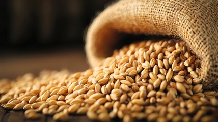 Close-up of spilled grains of wheat from a burlap sack on a wooden surface.