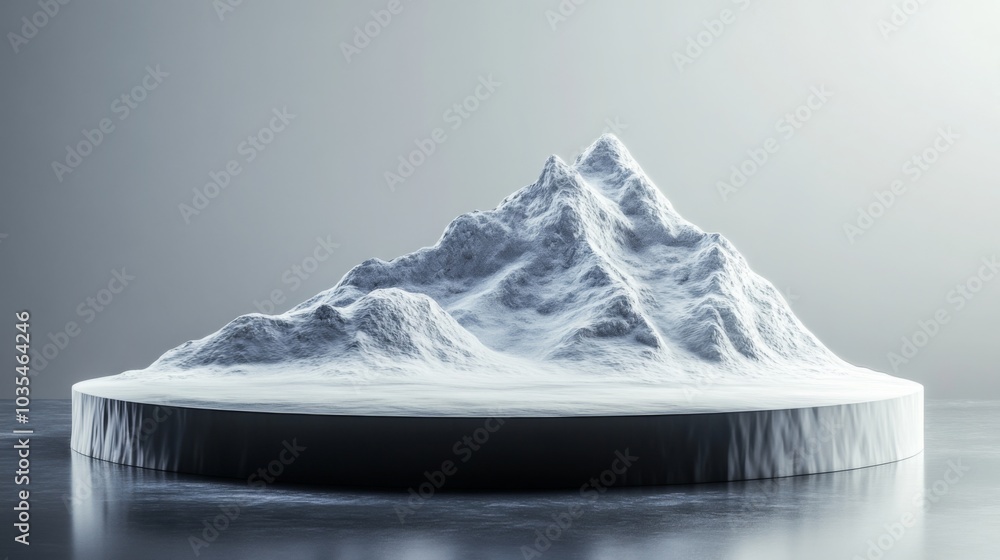 Aufkleber A striking mountain peak is covered in a thick layer of snow, sitting atop a circular base. The soft ambient light highlights its textures, creating a serene and minimalist atmosphere in the setting.