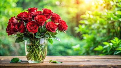 A lush bouquet of red roses in a clear glass vase filled with water, surrounded by fresh greenery, vase, greenery, fresh
