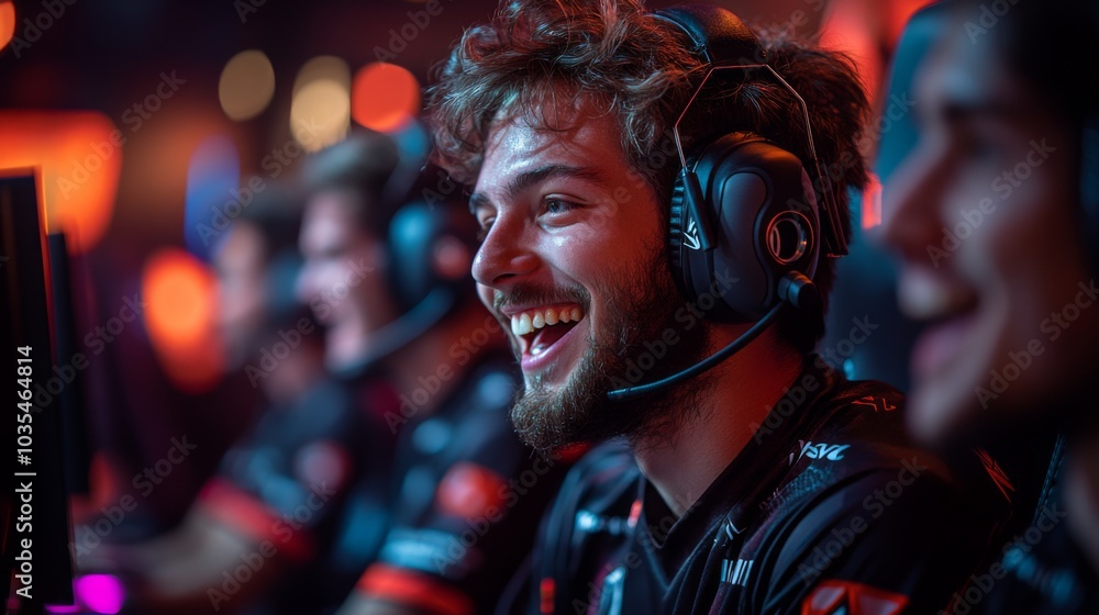 Poster an esports player beams with joy while competing in a tournament, surrounded by teammates. the vibra