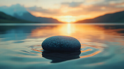 Smooth Stone Skipping Across the Surface of a Calm Lake at Sunset