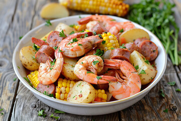 Delicious Low Country Boil with shrimp, sausage, corn, and potatoes in South Carolina
