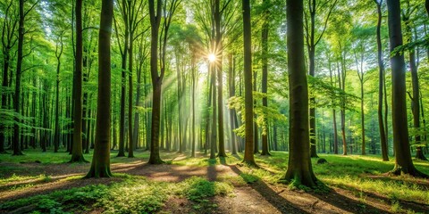 Obraz premium A dense forest with tall trees and lush foliage covering the entire frame, sunlight filtering through leaves creating dappled patterns on the ground, outdoors, nature, wilderness