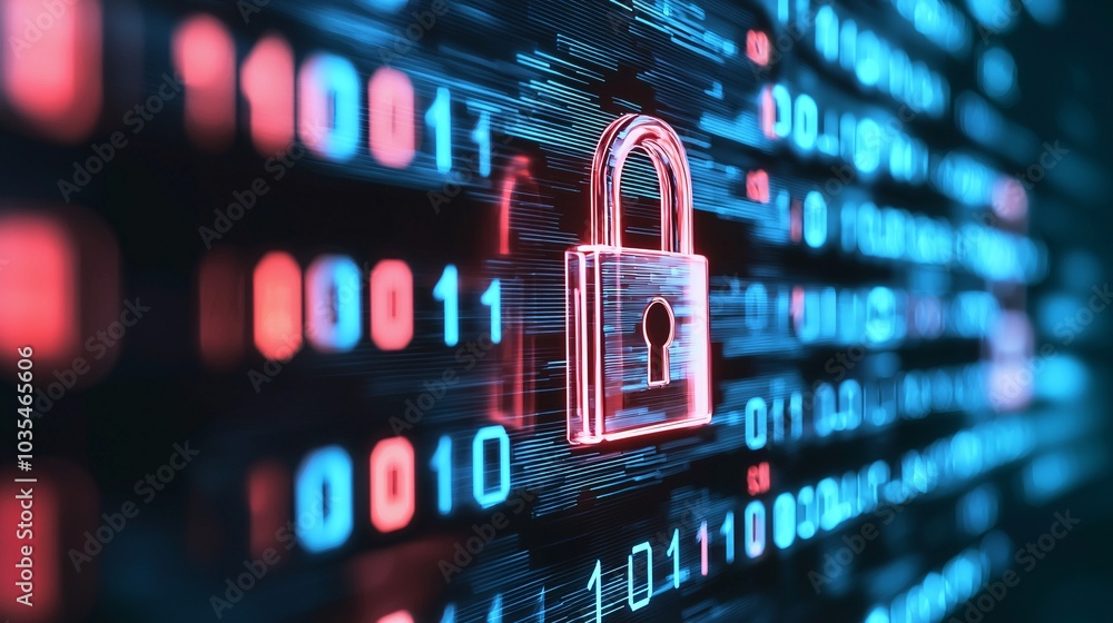 Poster digital firewall with neon hues - protecting encrypted data with cyber lock and holographic security