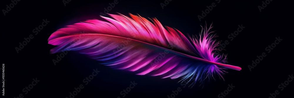 Poster A beautifully designed feather with a gradient of pink and purple, symbolizing grace, lightness, creativity, freedom, and inspiration.