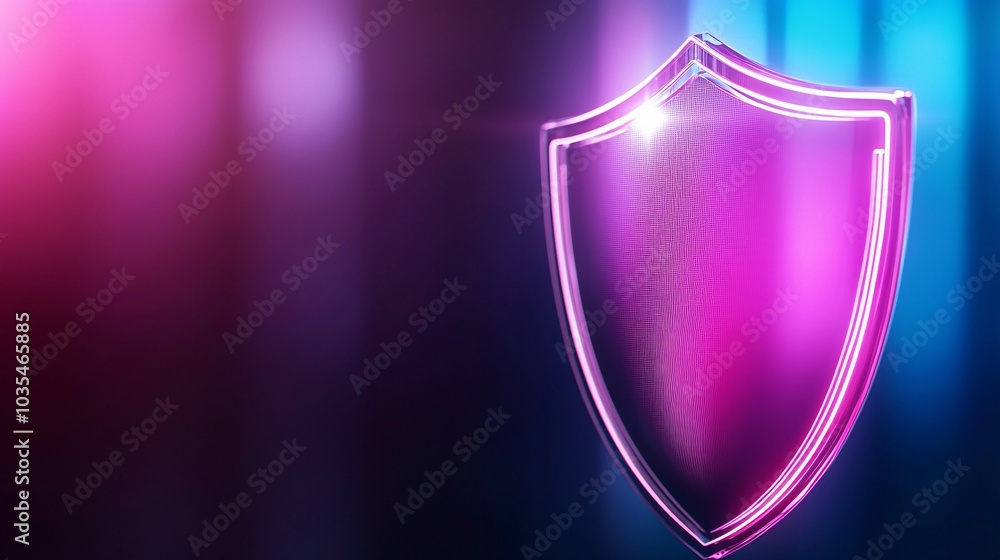 Aufkleber holographic shield glowing neon - protecting encrypted data with cyber defense and biometric scannin