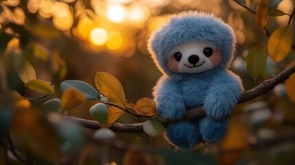 Fototapeta premium Pastel colored sloth plush toy hanging on branch in serene sunset scene