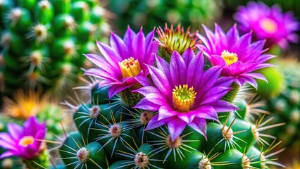 Fototapeta premium A close-up shot of a green cactus plant with vibrant purple flowers and yellow pollen, succulent garden, flora