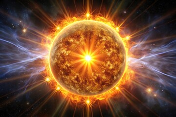 A close-up of a star's corona with solar flares and sunspots, radiant energy, fiery plasma, astronomy