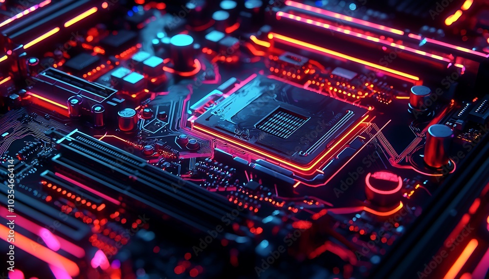 Aufkleber high-tech motherboard with cpu and gpu illuminated by neon lighting.