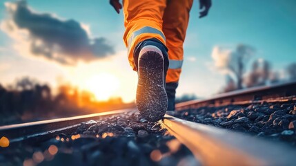 Worker in High Visibility Gear Walking on Railway Tracks