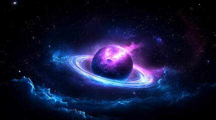 Obraz premium Cosmic scene of a vibrant planet with glowing rings