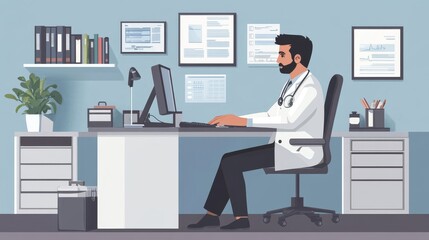 Doctor working at his clinic desk, Generative AI