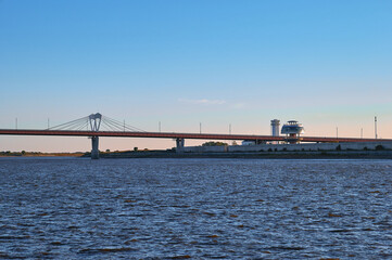 Part of the bridge across the Amur River between Russia and China. Observation tower in the form of a ball on the bank of China. Development of tourism and trade in the Far East.