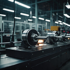 Naklejka premium Precision milling machines are active in state-of-the-art manufacturing plant, working on components with high efficiency and accuracy. Modern factory workshop for continuous production. Generated AI