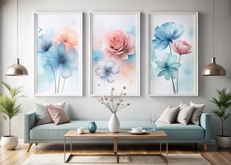 Minimalistic Abstract Art Posters with Watercolor Flowers on a White Wall