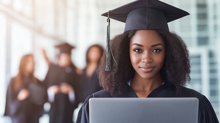 Virtual graduation celebration with student in cap and gown attending online ceremony