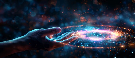 A cosmic hand appears to manipulate a swirling galaxy of stars, representing the connection between humanity and the universe.
