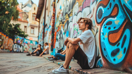 Obraz premium Hopeless young drug user in poor neighborhood, crowd of junkies hanging out nearby