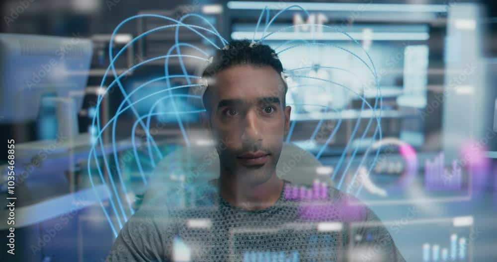 Poster Man Wearing a Neural Headset Sits in a Futuristic Lab, Controls Holographic Interface, Internet Visuals Graphs and Statistics. High-tech, Advanced Technology and Immersive Experiences of the Future.