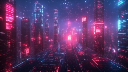 Obraz premium Futuristic neon cityscape at night - digital urban landscape with glowing skyscrapers