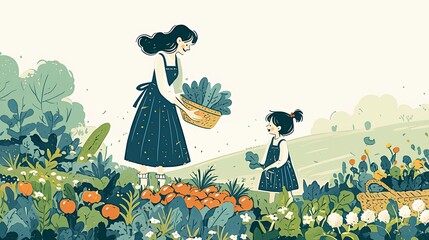 Smiling mother and daughter picking vegetables in a vibrant garden
