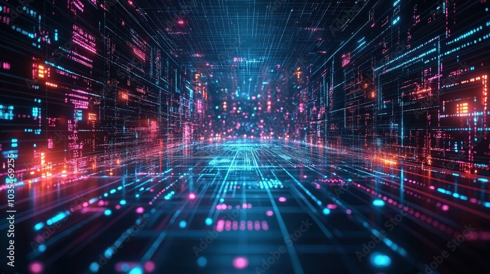Poster futuristic neon circuit network with infinite connections and nodes