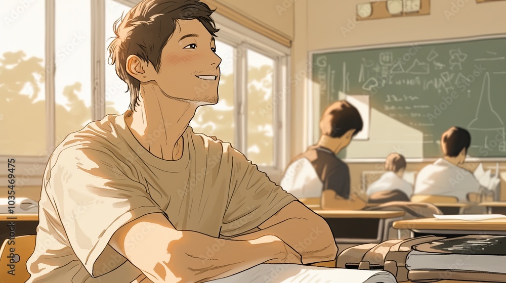 Poster happy student enjoying a lecture in a bright university classroom