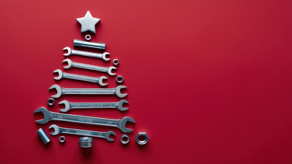 Christmas tree made of various tools on a red background. Happy christmas and happy new year. AI generated