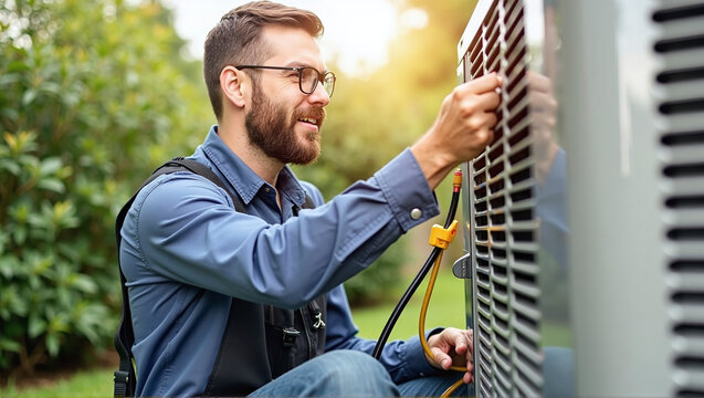 Heating, Ventilation and Air Conditioning technician checks and repairs a hvac system for faults and malfunctions and sets it up