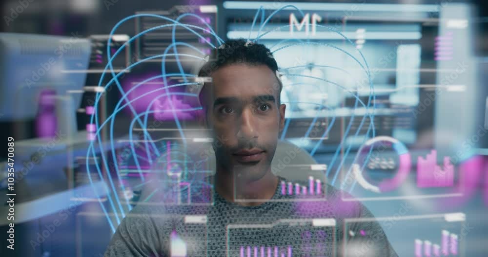 Poster Man Wearing a Neural Headset Sits in a Futuristic Lab, Controls Holographic Interface, Internet Visuals Graphs and Statistics. High-tech, Advanced Technology and Immersive Experiences of the Future.