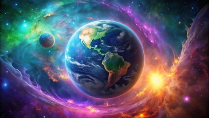 Obraz premium A celestial tapestry of swirling nebulae, vibrant hues, and a majestic Earth, revealing the wonders of the cosmos.