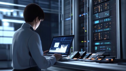 High-resolution photorealistic image of a data engineer analyzing server performance on their laptop, surrounded by high-tech equipment in a modern server room. The professional color grading,