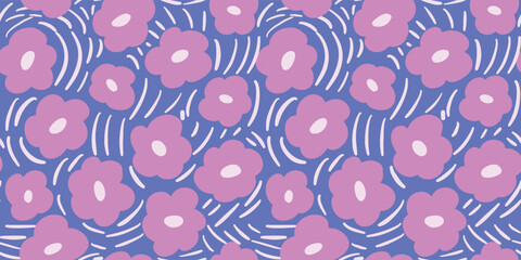Cute Pink Bold Floral Blue Background Vector seamless Pattern. Perfect for fabric, wallpaper and children's projects. 