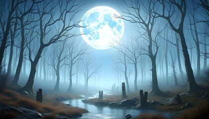 halloween scene, full moon above foggy forest, mystical halloween night atmosphere