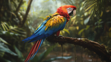 A colorful macaw perched on a branch in the rainforest