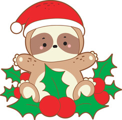 Cute sloth christmas version. Funny baby sloth animal series christmas illustration.