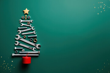 Christmas tree made of various tools on a green background. Happy christmas and happy new year. AI generated
